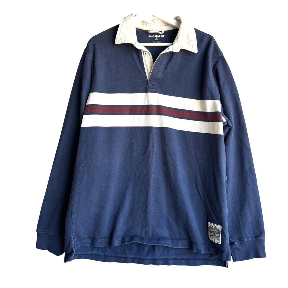 Eddie Bauer Rugby Shirt Navy Blue Striped Long Sleeve Cotton  Mens Large Tall